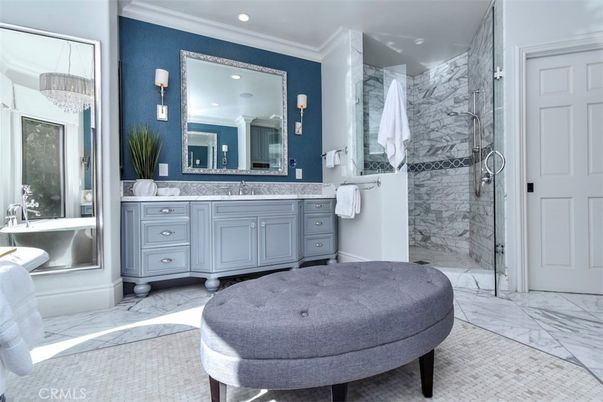 Bathroom, Glass Shower, Interior, Marble, Marble Walls, Recessed Lighting