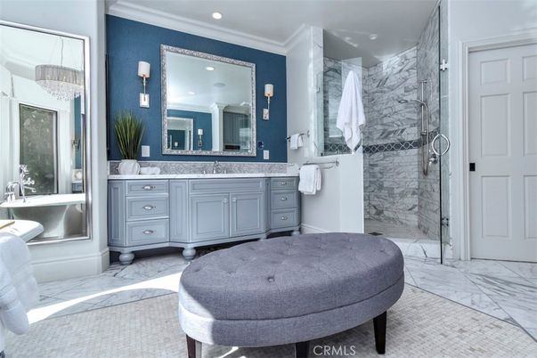 Bathroom, Glass Shower, Interior, Marble, Marble Walls, Recessed Lighting