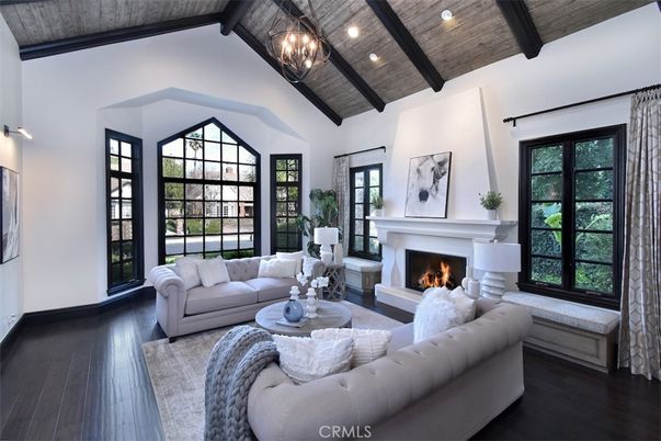 Fireplace, Interior, Living room, Pendant Lights, Recessed Lighting, Wooden Beams, Wooden Ceilings, Wood Texture Flooring