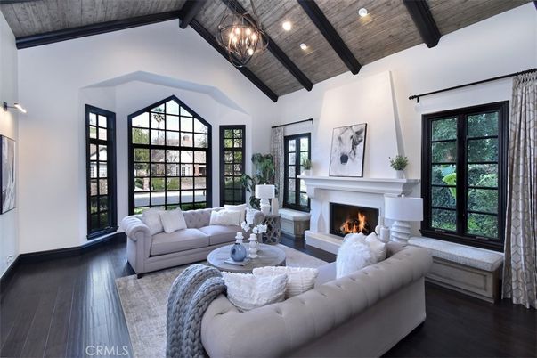 Fireplace, Interior, Living room, Pendant Lights, Recessed Lighting, Wooden Beams, Wooden Ceilings, Wood Texture Flooring