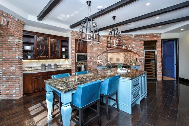 Interior, Kitchen, Pendant Lights, Recessed Lighting, Stainless Steel Appliances, Stone Walls, Wooden Beams, Wood Texture Flooring