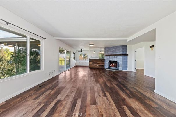 Empty room, Fireplace, Interior, Pendant Lights, Wood Texture Flooring