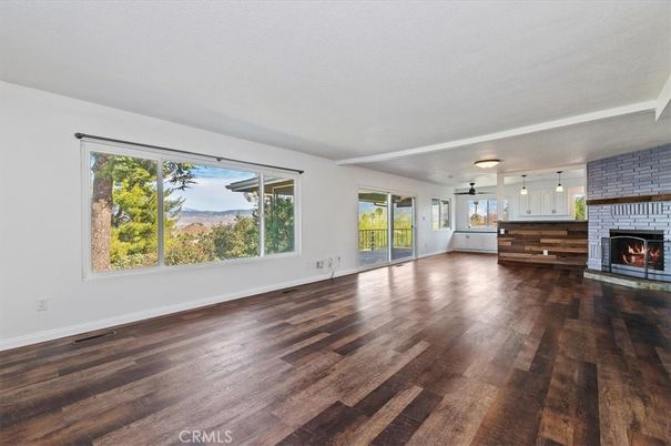 Empty room, Fireplace, Interior, Pendant Lights, Wood Texture Flooring