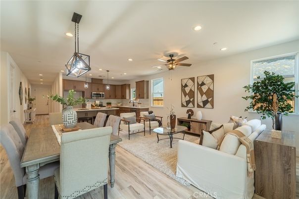 Dining room, Interior, Kitchen, Living room, Pendant Lights, Recessed Lighting, Stainless Steel Appliances, Wood Texture Flooring