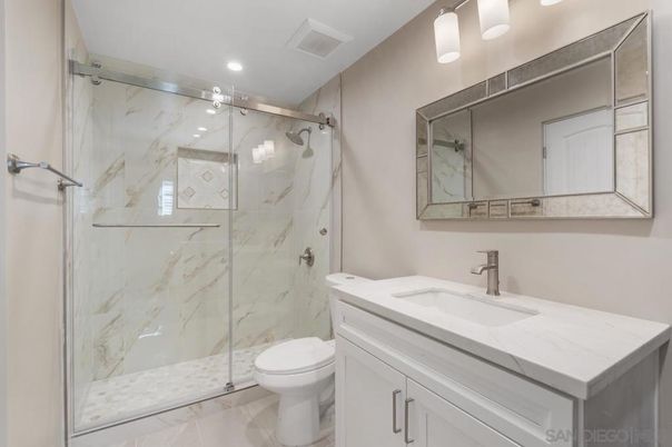 Bathroom, Glass Shower, Interior, Marble Walls, Recessed Lighting
