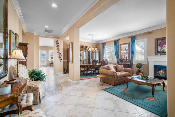 Chandelier, Dining room, Fireplace, Interior, Living room, Recessed Lighting