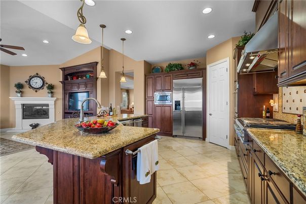 Fireplace, Interior, Kitchen, Pendant Lights, Recessed Lighting, Stainless Steel Appliances