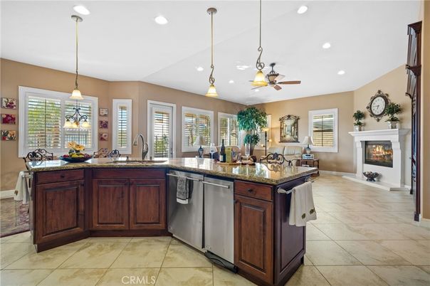 Fireplace, Interior, Kitchen, Pendant Lights, Recessed Lighting, Stainless Steel Appliances