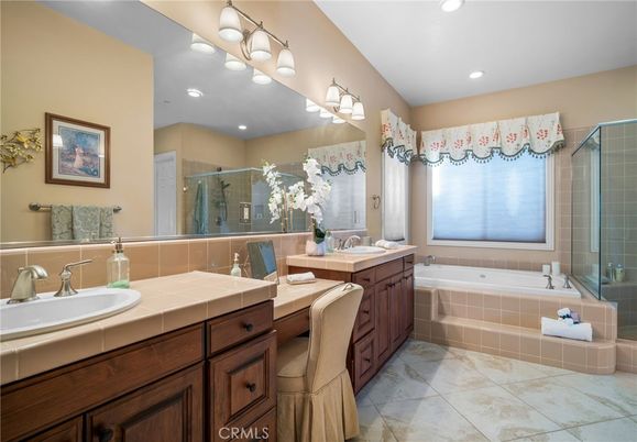 Bathroom, Dual Sink Vanities, Glass Shower, Interior, Recessed Lighting, Tile Countertops