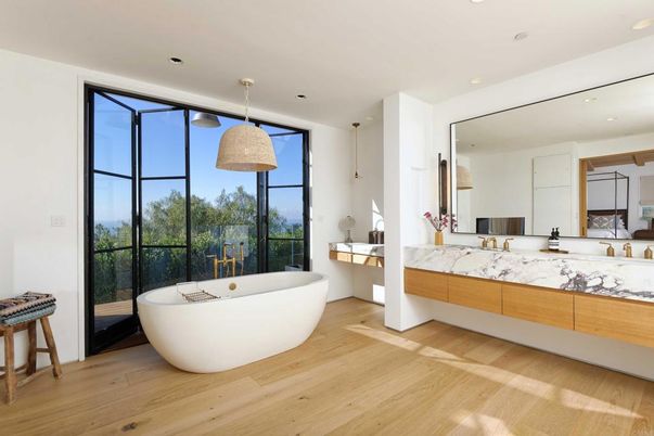 Bathroom, Dual Sink Vanities, Free Standing Baths, Interior, Pendant Lights, Recessed Lighting, Wood Texture Flooring
