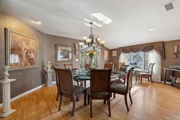 Chandelier, Dining room, Interior, Recessed Lighting, Wood Texture Flooring