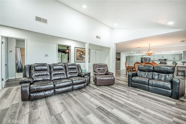 Chandelier, Dining room, Interior, Kitchen, Living room, Recessed Lighting, Wood Texture Flooring