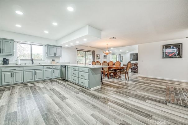 Chandelier, Dining room, Interior, Kitchen, Recessed Lighting, Wood Texture Flooring