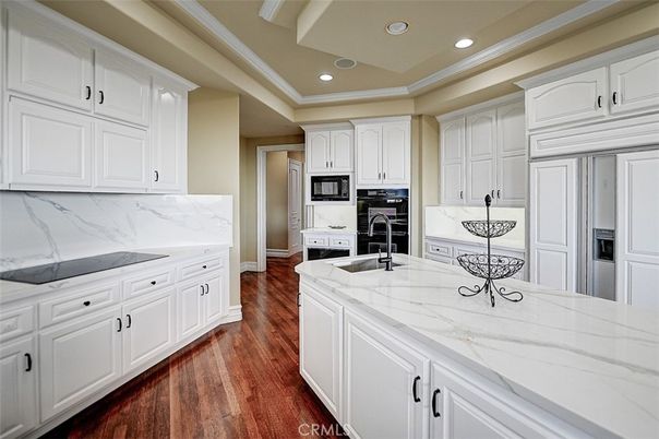 Interior, Kitchen, Marble Walls, Recessed Lighting, Wood Texture Flooring