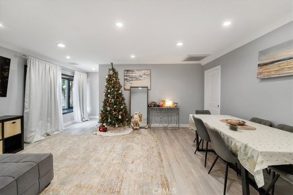 Dining room, Interior, Recessed Lighting, Wood Texture Flooring