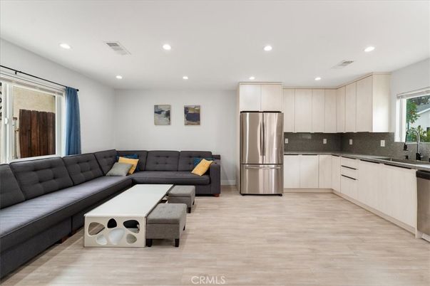 Interior, Kitchen, Living room, Recessed Lighting, Stainless Steel Appliances, Wood Texture Flooring