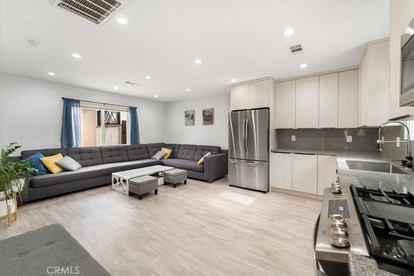 Interior, Kitchen, Living room, Recessed Lighting, Stainless Steel Appliances, Wood Texture Flooring