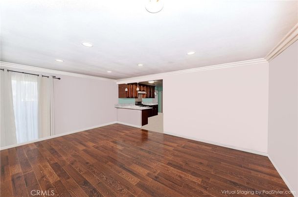 Empty room, Interior, Kitchen, Recessed Lighting, Wood Texture Flooring