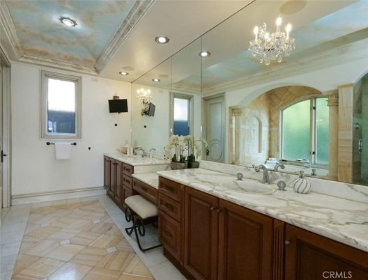 Bathroom, Chandelier, Dual Sink Vanities, Interior, Recessed Lighting