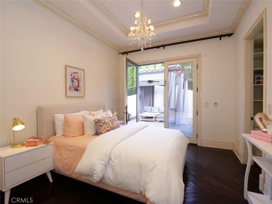 Bedroom, Chandelier, Interior, Recessed Lighting, Wood Texture Flooring
