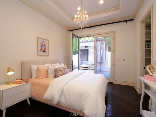 Bedroom, Chandelier, Interior, Recessed Lighting, Wood Texture Flooring