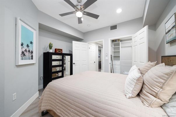 Bedroom, Interior, Recessed Lighting, Wood Texture Flooring