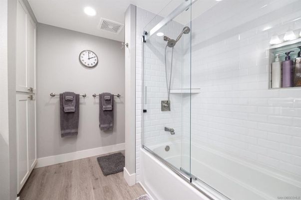 Bathroom, Glass Shower, Interior, Recessed Lighting, Wood Texture Flooring