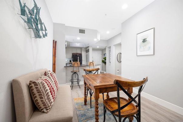 Dining room, Interior, Living room, Recessed Lighting, Wood Texture Flooring