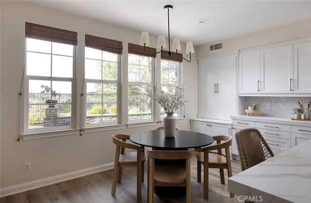 Dining room, Interior, Pendant Lights, Recessed Lighting, Wood Texture Flooring