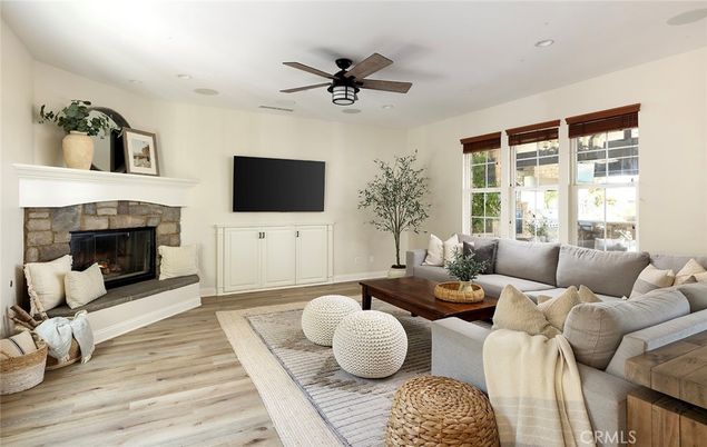 Fireplace, Interior, Living room, Recessed Lighting, Wood Texture Flooring