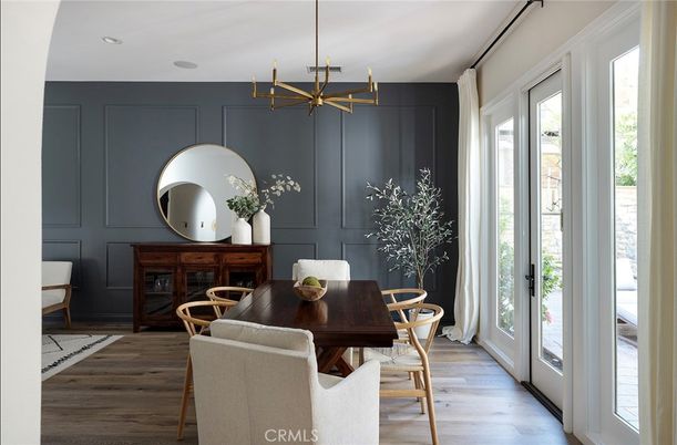 Dining room, Interior, Pendant Lights, Recessed Lighting, Wood Texture Flooring