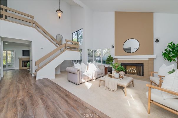 Fireplace, Interior, Living room, Pendant Lights, Wood Texture Flooring