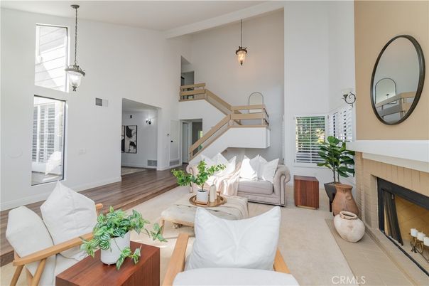 Fireplace, Interior, Living room, Pendant Lights, Wood Texture Flooring