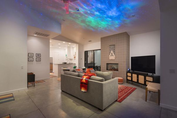 Fireplace, Interior, Kitchen, Living room, Recessed Lighting