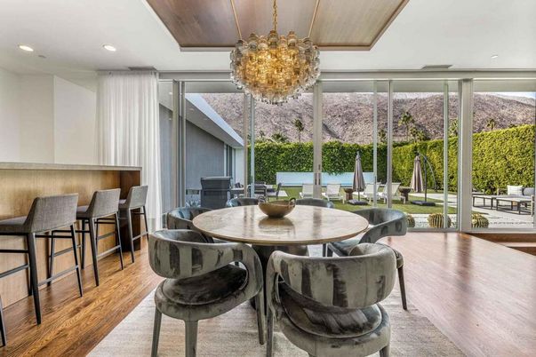 Chandelier, Dining room, Interior, Recessed Lighting, Wood Texture Flooring