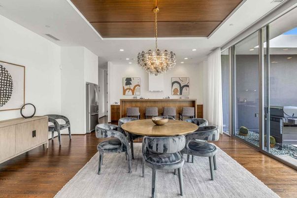 Chandelier, Dining room, Interior, Recessed Lighting, Wooden Ceilings, Wood Texture Flooring