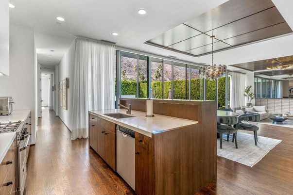 Chandelier, Dining room, Interior, Kitchen, Recessed Lighting, Stainless Steel Appliances, Wood Texture Flooring