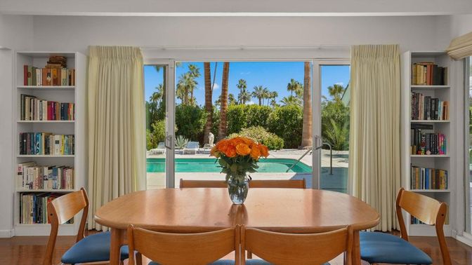 Dining room, Interior, Pool, Wood Texture Flooring