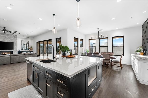 Dining room, Fireplace, Interior, Kitchen, Living room, Pendant Lights, Recessed Lighting, Wood Texture Flooring