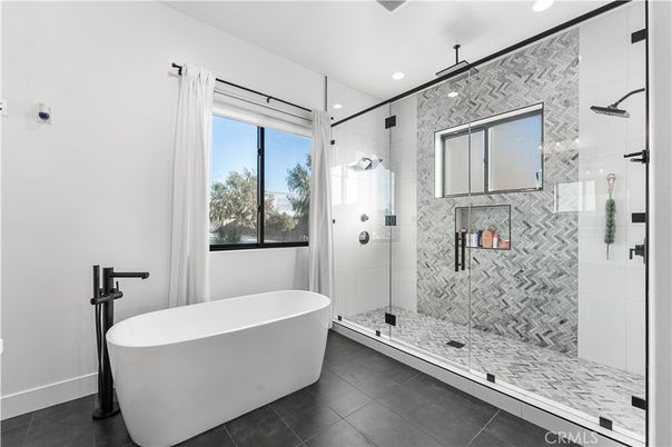 Bathroom, Free Standing Baths, Glass Shower, Interior, Marble Walls, Recessed Lighting