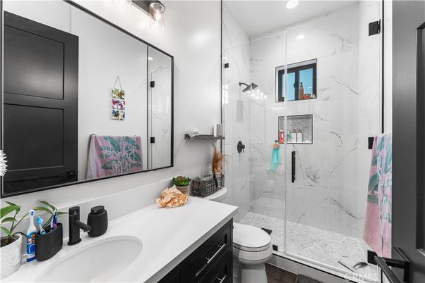 Bathroom, Glass Shower, Interior, Marble Walls, Recessed Lighting