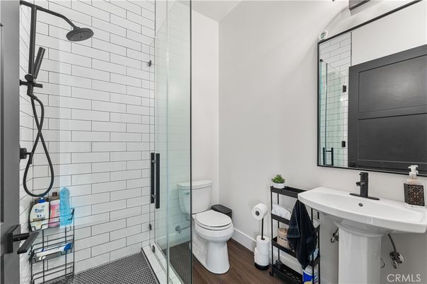 Bathroom, Glass Shower, Interior, Wood Texture Flooring