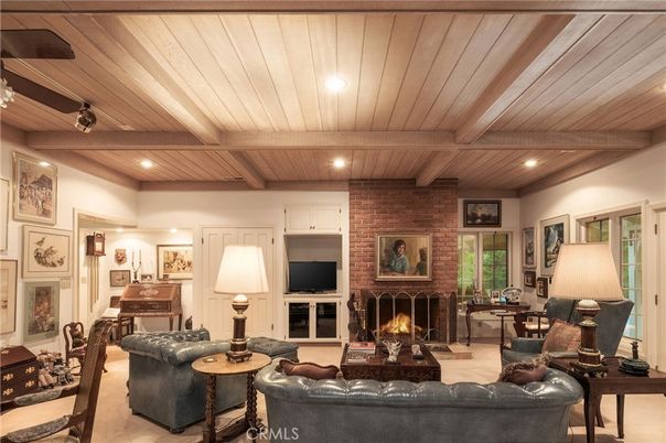 Fireplace, Interior, Living room, Recessed Lighting, Stone Walls, Wooden Beams, Wooden Ceilings