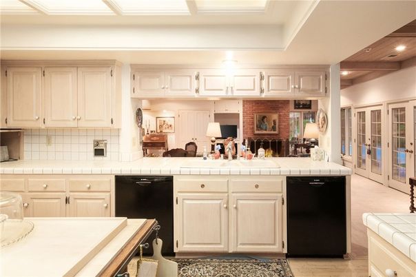 Fireplace, Interior, Kitchen, Recessed Lighting, Stone Walls, Tile Countertops, Wooden Ceilings, Wood Texture Flooring
