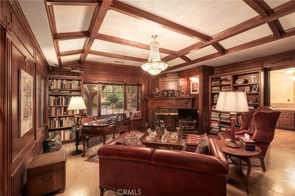 Chandelier, Fireplace, Home Office, Interior, Living room, Wooden Beams, Wood Texture Flooring, Wooden Walls