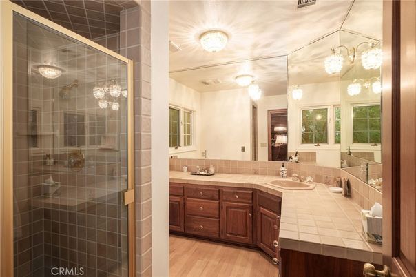 Bathroom, Glass Shower, Interior, Tile Countertops, Wood Texture Flooring