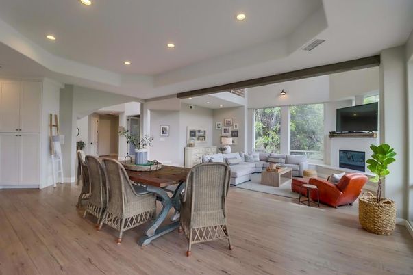 Dining room, Fireplace, Interior, Living room, Recessed Lighting, Wood Texture Flooring