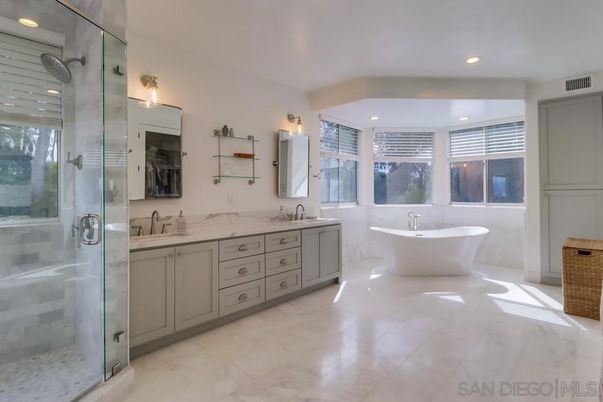 Bathroom, Dual Sink Vanities, Free Standing Baths, Glass Shower, Interior, Marble, Recessed Lighting