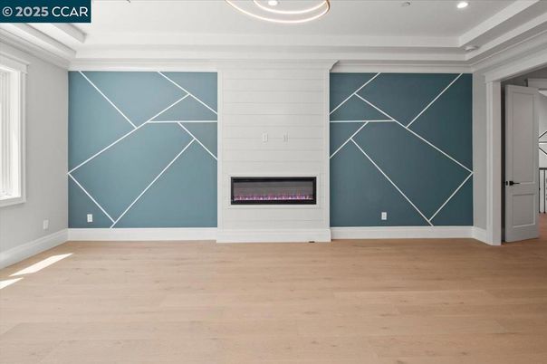 Empty room, Fireplace, Interior, Recessed Lighting, Wood Texture Flooring