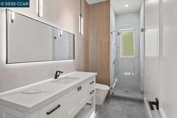 Bathroom, Dual Sink Vanities, Glass Shower, Interior, Pendant Lights, Recessed Lighting